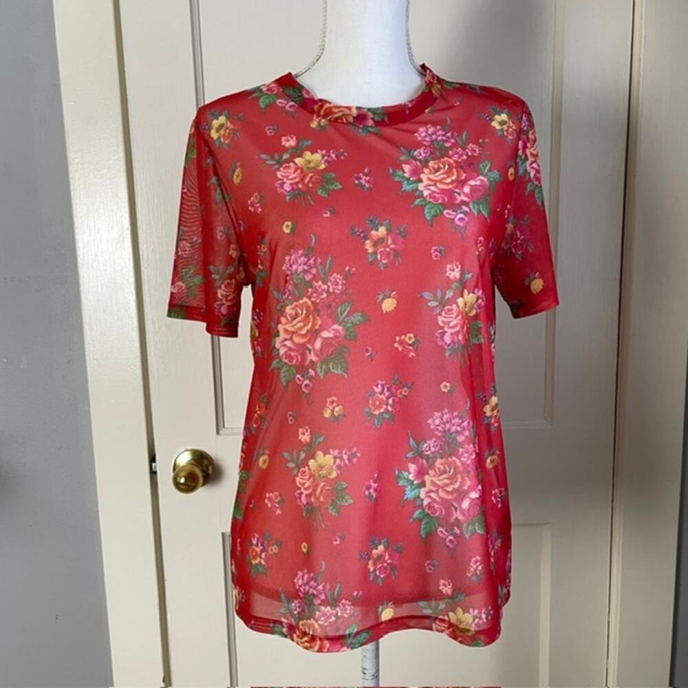 Paris Atelier & Other Stories Floral Mesh Top Red Romantic Sheer Tee Sz 8